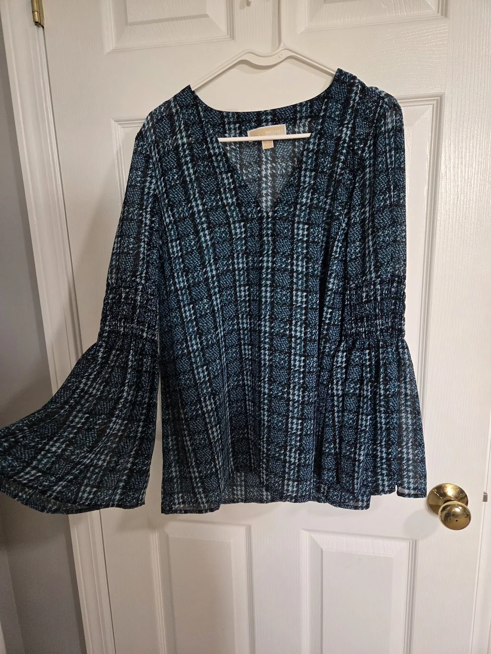 Michael Kors Teal and Black V-Neck Bell Sleeve Tunic